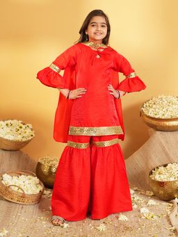 AJ Dezines - Red Silk Blend Three Fourth Sleeves Kurti With Sharara & Dupatta