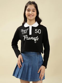 Lil Tomatoes - Cotton Knit Full Sleeves Printed Crop Top - Black