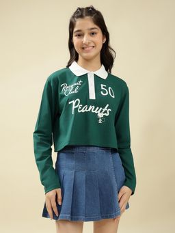 Lil Tomatoes - Cotton Knit Full Sleeves Printed Crop Top - Green