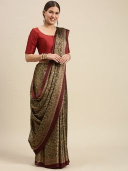 Sangam Prints - Beige Crepe Printed Traditional Saree with Unstitched Blouse
