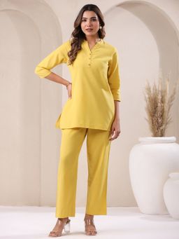 Janasya - Women's Yellow Cotton Solid A-Line & Co-Ord (Set of 2)