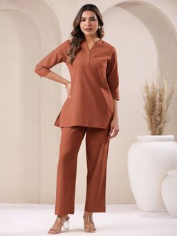 Janasya - Women's Rust Cotton Solid A-Line & Co-Ord (Set of 2)