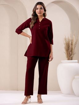 Janasya - Women's Maroon Cotton Solid A-Line & Co-Ord (Set of 2)