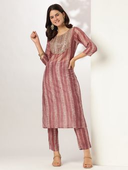 Janasya - Women's Mauve Silk Blend Embellished Straight Kurta & Pant (Set of 2)