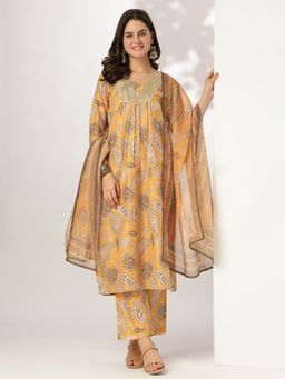 Janasya - Women's Mustard Silk Blend Printed Straight Kurta with Pant & Dupatta (Set of 3)