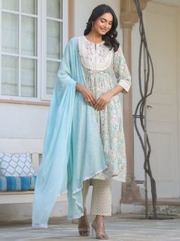 Janasya - Women's Pure Cotton Embroidered A-Line Kurta with Pant & Dupatta (Set of 3)