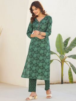 Janasya - Women's Dark Green Pure Cotton Floral Printed Straight Kurta & Pant (Set of 2)