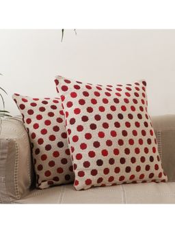 Jamio FIrati - Beige Maroon Set Of 2 Polka Dot Square Cushion Covers