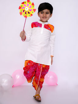 BownBee - Boys White Tie and Dye Kurta with Dhoti (Set of 2)