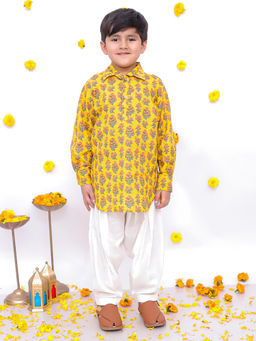 BownBee - Boys Yellow Floral Kurta with Pyajama (Set of 2)