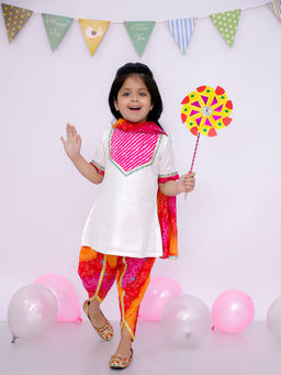 BownBee - Girls White Tie and Dye Kurti with Dhoti and Dupatta (Set of 3)
