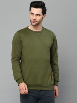 RIGO - Men Olive Green Neck Stitch Detail Basic Fleece Sweatshirt
