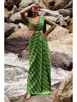 Paulmi & Harsh - Fern Green Leheriya Print Pre Draped Saree with Stitched Blouse
