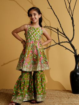 AJ Dezines - Green Cotton Sleeveless Floral Printed Girls Kurti and Sharara