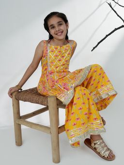 AJ Dezines - Yellow Cotton Sleeveless Floral Printed Girls Kurti and Sharara