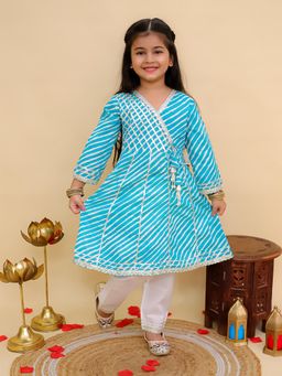 AJ Dezines - Blue Cotton Full Sleeves Leheriya Printed Girls Kurta and Pant