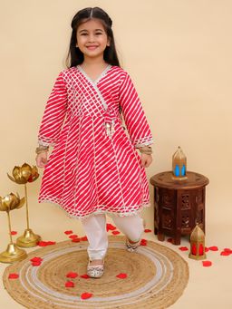 AJ Dezines - Red Cotton Full Sleeves Leheriya Printed Girls Kurta and Pant
