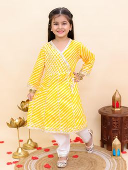 AJ Dezines - Yellow Cotton Full Sleeves Leheriya Printed Girls Kurta and Pant
