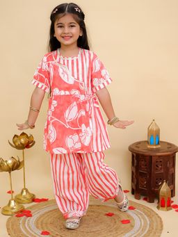 AJ Dezines - Peach Cotton Half Sleeves Floral Print Girls Kurti and Salwar