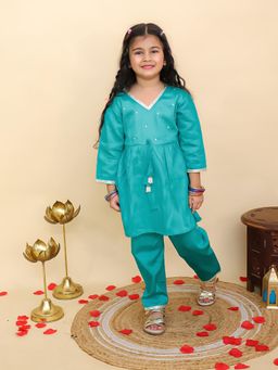 AJ Dezines - Turquoise Cotton 3/4Th Sleeves Solid Girls Kurti and Pant