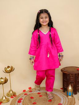 AJ Dezines - Pink Cotton 3/4Th Sleeves Solid Girls Kurti and Pant