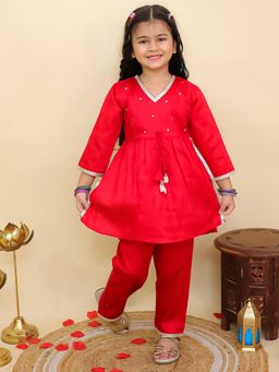 AJ Dezines - Red Cotton 3/4Th Sleeves Solid Girls Kurti and Pant