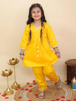 AJ Dezines - Yellow Cotton 3/4Th Sleeves Solid Girls Kurti and Pant