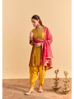 Sheetal Batra - Laiba - Silk Velvet Heirloom Mustard A-Line Kurta With Dhoti And Light Dupatta