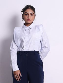 Jaey - Women Structured Striped Button Down Full Sleeves White and Blue Shirt