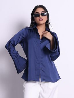 Jaey - Women Blue Secret Cuff Satin Full Sleeves Button Down Shirt