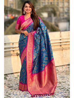 SGF11 - Blue Women Kanjivaram Patola Silk Saree with Unstitched Blouse