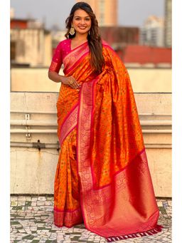 SGF11 - Orange Women Kanjivaram Patola Silk Saree with Unstitched Blouse