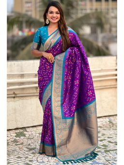 SGF11 - Purple Women Kanjivaram Patola Silk Saree with Unstitched Blouse