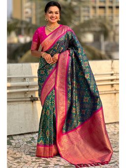 SGF11 - Rama Green Women Kanjivaram Patola Silk Saree with Unstitched Blouse