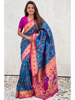 SGF11 - Blue Women Kanjivaram Paithani Silk Saree with Unstitched Blouse