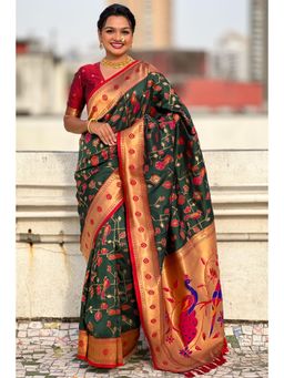 SGF11 - Dark Green Women Kanjivaram Paithani Silk Saree with Unstitched Blouse