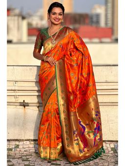 SGF11 - Orange Women Kanjivaram Paithani Silk Saree with Unstitched Blouse