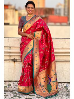 SGF11 - Pink Women Kanjivaram Paithani Silk Saree with Unstitched Blouse