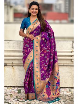 SGF11 - Purple Women Kanjivaram Paithani Silk Saree with Unstitched Blouse