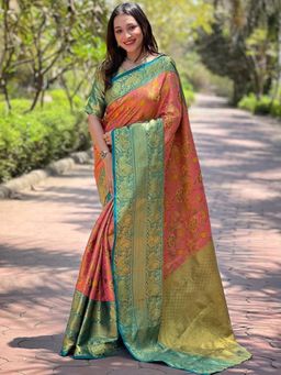 SGF11 - Light Pink-Green Women Kanjivaram Soft Silk Saree with Unstitched Blouse