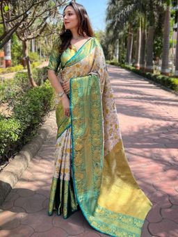 SGF11 - White-Dark Green Women Kanjivaram Soft Silk Saree with Unstitched Blouse
