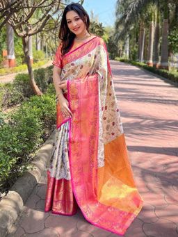 SGF11 - White-Pink Women Kanjivaram Soft Silk Saree with Unstitched Blouse