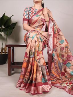SGF11 - Beige Women Tussar Silk Kalamkari Saree with Unstitched Blouse