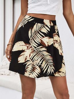 Outzidr - Black Wrap Tropical Print Skirt