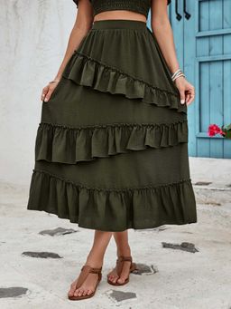 Outzidr - Olive Midi Skirt With Ruffle Detail