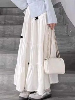 Outzidr - White Tiered Skirt with Satin Bow