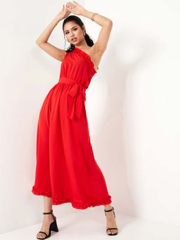 Styli - Red One Sleeve Ruffle Trim A-line Maxi Dress With Tie Belt (Set of 2)