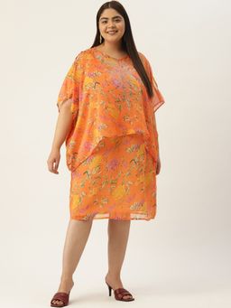 theRebelinme - Plus Size Orange Floral Printed Layered Embellished Party Wear Dress (Set of 2)