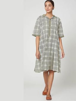 Banana Labs - Ivory Checked Hand Block Printed Midi Dress