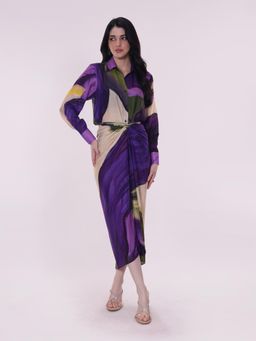 Poppi - Purple Wisteria Printed Shirt and Wrap Skirt Set